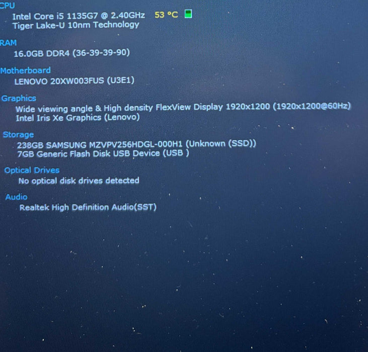 Lenovo ThinkPad X1 Carbon Gen 9 Core i5-1135G7@2.4GHz 16GB RAM 256GB SSD  Lap200