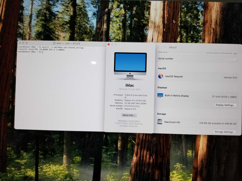 Apple iMac 27" Retina 5K 2019 / A2115, i5-8500 CPU 3.00GHz, 32GB RAM - 499GB