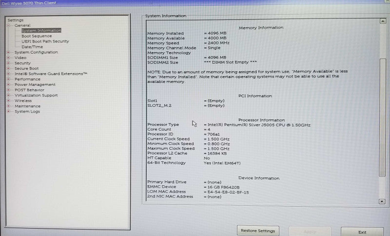 Dell Wyse 5070 Thin Client, Pentium Silver J5005 CPU 1.50GHz 4GB RAM NO HDD