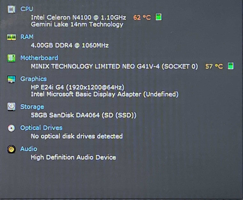 MINIX NEO G41V-4, Intel Gemini Lake N4100, 4GB DDR4, 64GB SSD No AC $