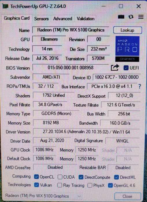 AMD Radeon Pro WX 5100 8GB GDDR5 Graphics Card 4x DisplayPort