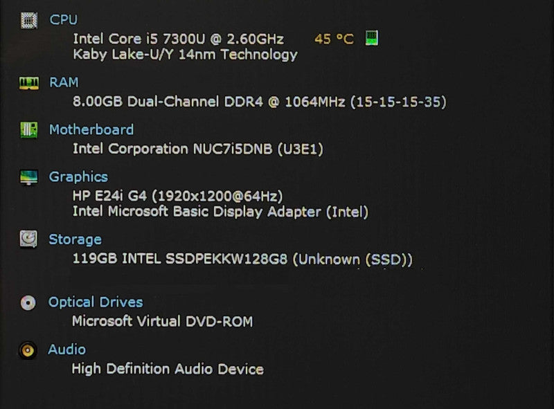 Intel NUC7i5DNK Mini PC, i5-7300U 2.60GHz, 8GB DDR4, 128GB NVMe