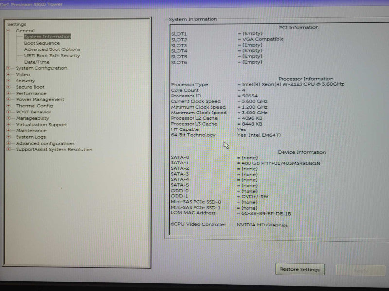 Dell Precision 5820 Tower Xeon W-2123 3.6GHz 32GB DDR4 480GB SSD, 950W PSU _