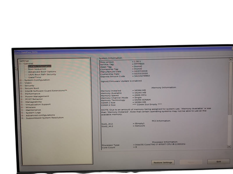 DELL OPTIPLEX 7070 USFF i7 - 9700T @ 2.00GHz 16GB DDR4 Ram θ