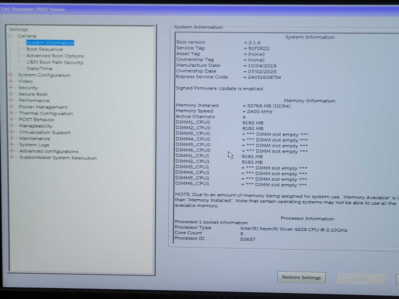 Dell Precision 7820 2x Xeon Silver 4208 2.10GHz, 32GB DDR4, P620, No HDD _