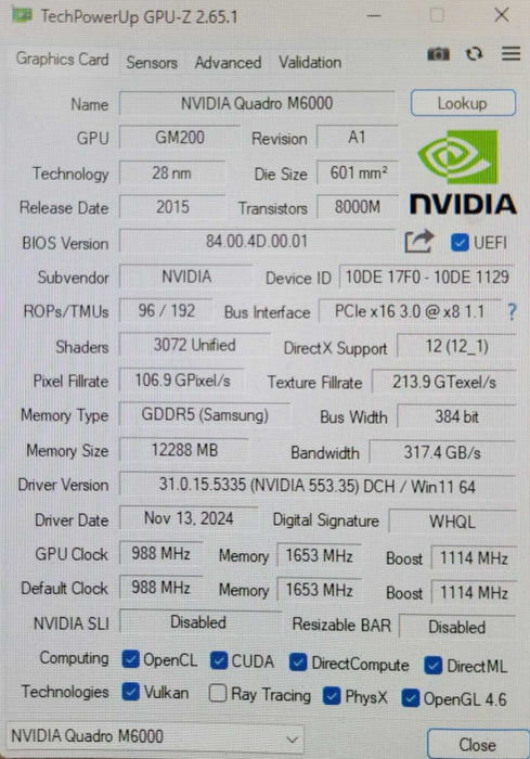 Nvidia Quadro M6000 12GB GDDR5 PCI Express 3.0 x16 DisplayPort DVI Graphics _