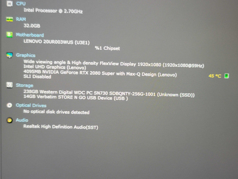 Lenovo ThinkPad P15G i7-10875H 32GB DDR4 RTX 2080 Max Q 256GB SSD  β Lap200