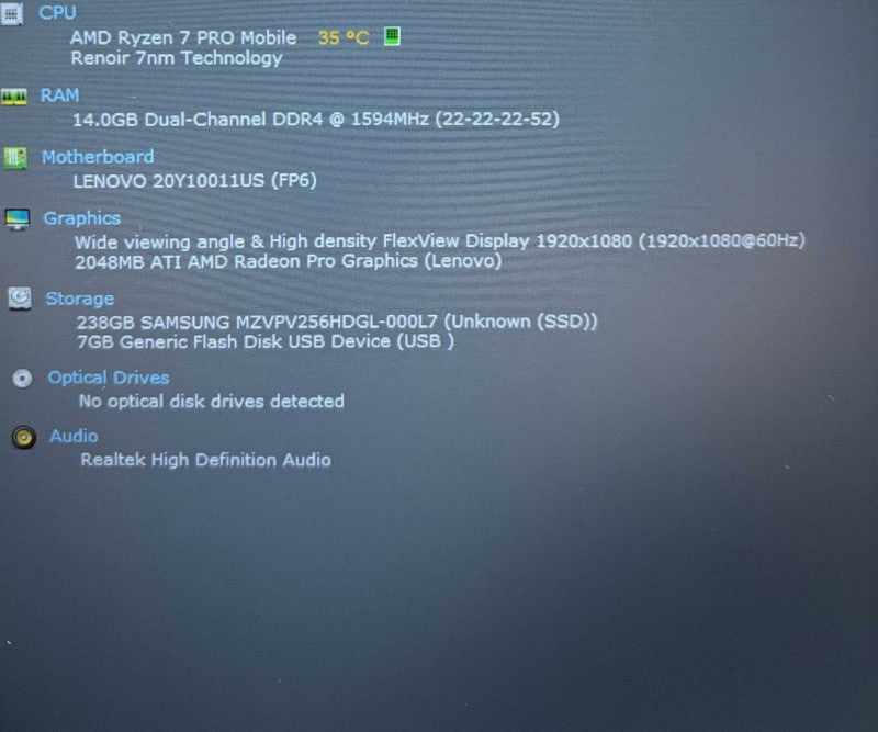 Lenovo P14s Gen 1 AMD Ryzen 7 PRO 4750U Radeon Pro GPU 16GB RAM 256GB SSD Q Lap200