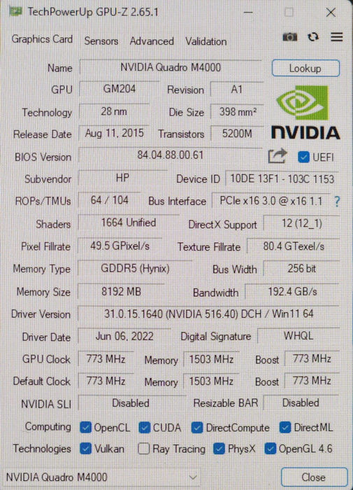 NVIDIA Quadro M4000, 8GB GDDR5 PCIe Graphics Card, 4x DisplayPort