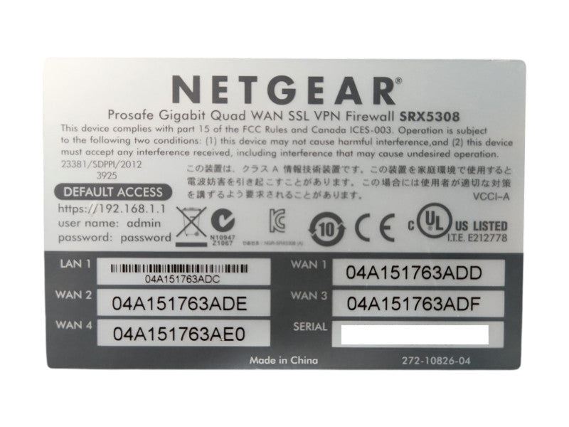 Netgear SRX5308 ProSafe Gigabit Quad WAN SSL VPN Firewall, Factory Reset