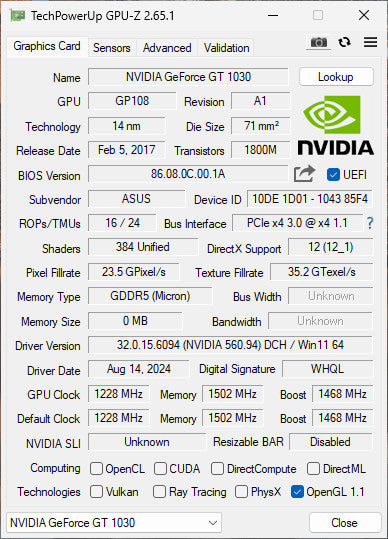 ASUS Nvidia GeForce GT 1030 2GB GDDR5 GPU 1xHDMI 1xDVI