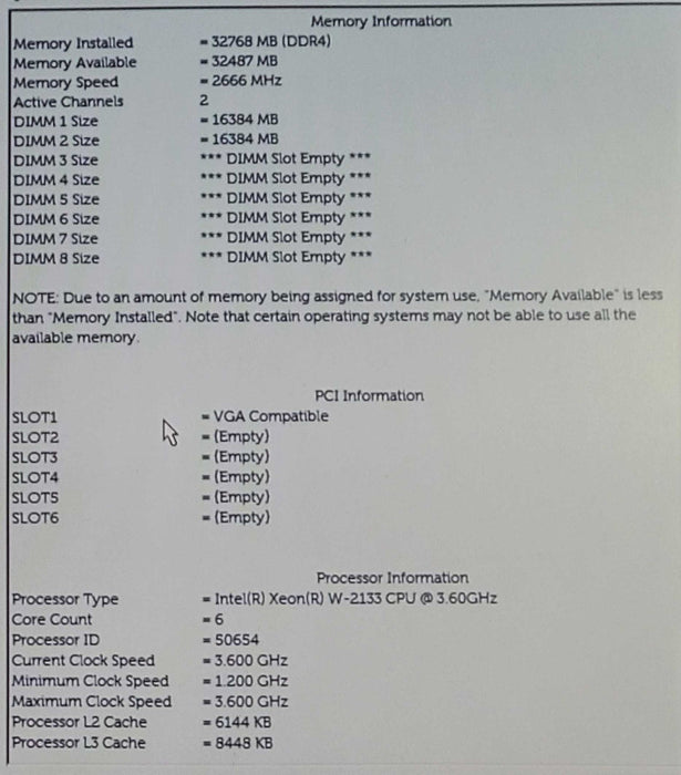 Dell Precision 5820 - Xeon W-2133 @ 3.60GHz, 32GB DDR4, NO GPU/HDD