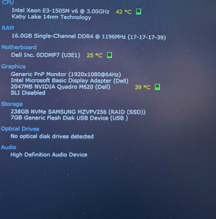 Dell Precision 3520 XEON E3-1506M v6 QUADRO M620 2GB GPU 16GB RAM 256GB SSD  Lap200