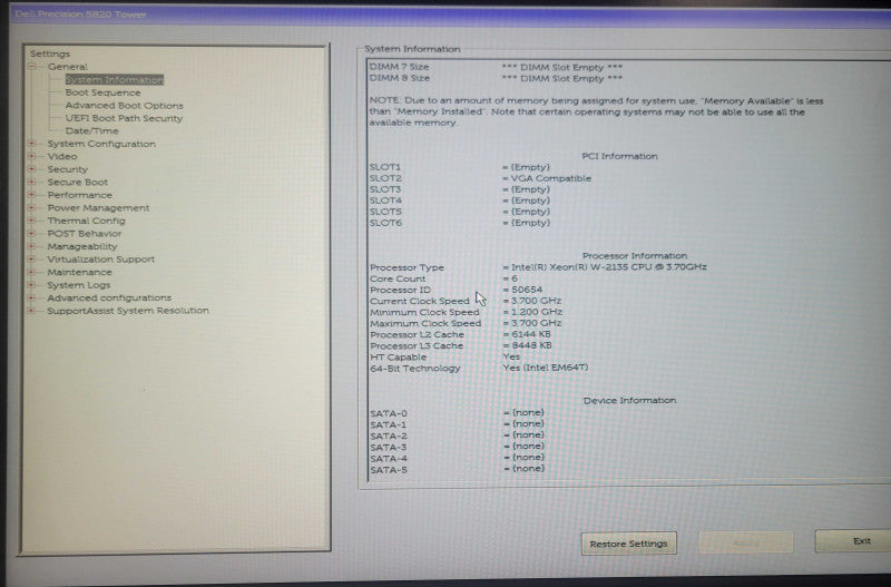 Dell Precision T5820, Xeon W-2135 3.70GHz, 8GB DDR4, No HDD/GPU/PSU $