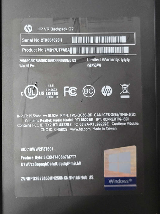 HP VR Backpack G2 Core I7-8th Gen 16GB DDR4, No SSD/HDD, READ _