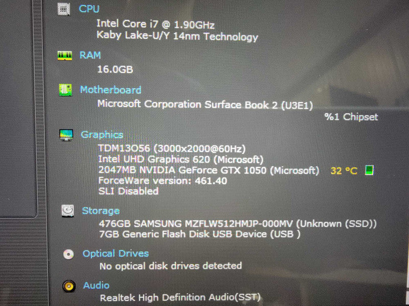 MS Surface Book 2 1832 13.5" |  i7-8650U @1.9GHz 16GB RAM 512GB SSD GTX1050  Lap200
