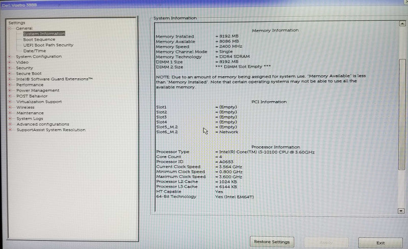 Dell Vostro 3888 Tower, Intel i3-10100 CPU 3.60GHz, 8GB RAM - NO HDD