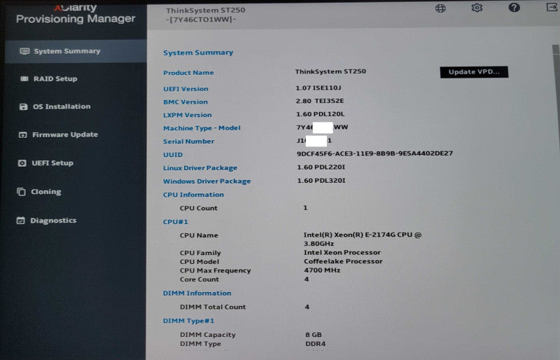 Lenovo ThinkSystem ST250  Xeon E-2174G 3.80GHz 56GB DDR4 2x PSU, 530-8i _