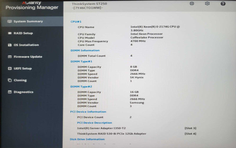 Lenovo ThinkSystem ST250  Xeon E-2174G 3.80GHz 56GB DDR4 2x PSU, 530-8i _