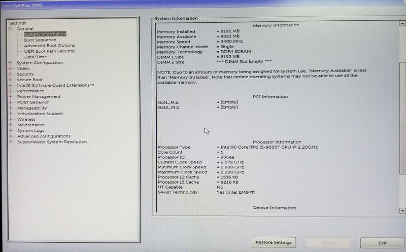 Dell OptiPlex 7070 USFF, Intel i5-9500T CPU 2.20GHz, 8GB RAM - NO HDD