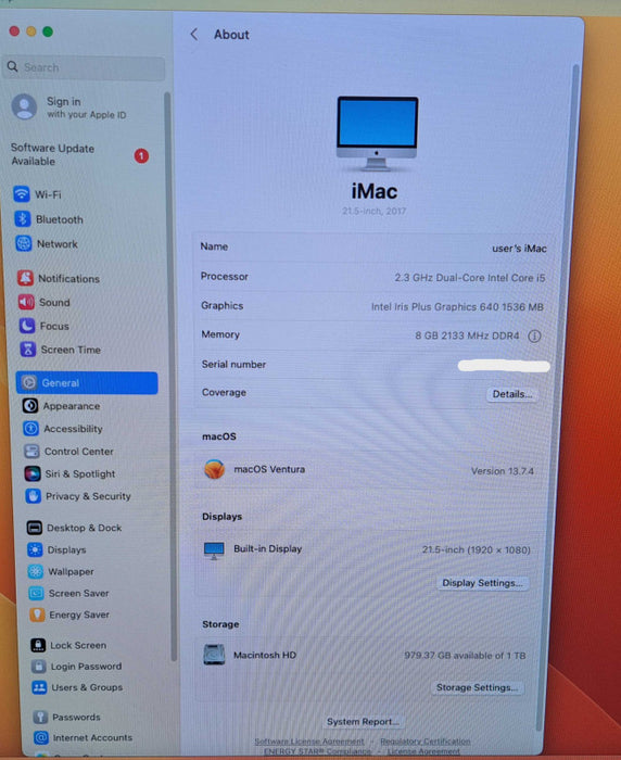 Apple iMac 21.5" (Mid-2017) A1418 | i5-7360U @2.30GHz, 8GB DDR4, 1TB HDD