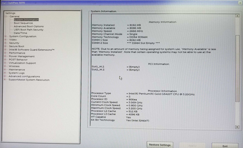 Dell OptiPlex 3070 USFF, Intel Pentium Gold G5420T CPU 3.20GHz, 8GB RAM
