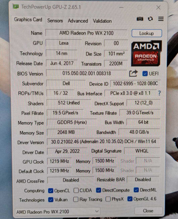 AMD Radeon Pro WX2100 2GB GDDR5 Graphics Card | Low Profile