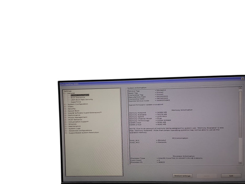 DELL OPTIPLEX 3080  i3 - 10100T @ 3.00GHz 16GB DDR4 Ram θ