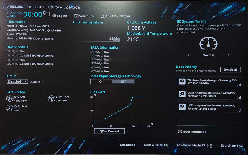 Custom PC, ASUS PRIME B360M-A, i7-8700K 3.70GHz, 16GB DDR4, 250GB NVMe