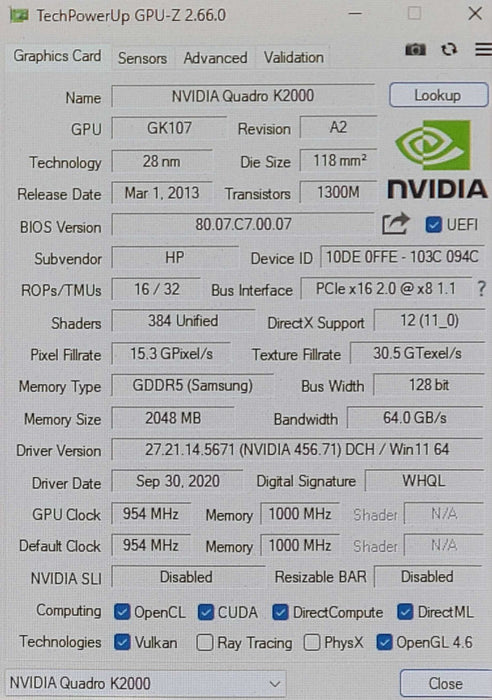 Nvidia QUADRO K2000 2GB GDDR5 Graphics Card W/ DVI-i, 2x DP