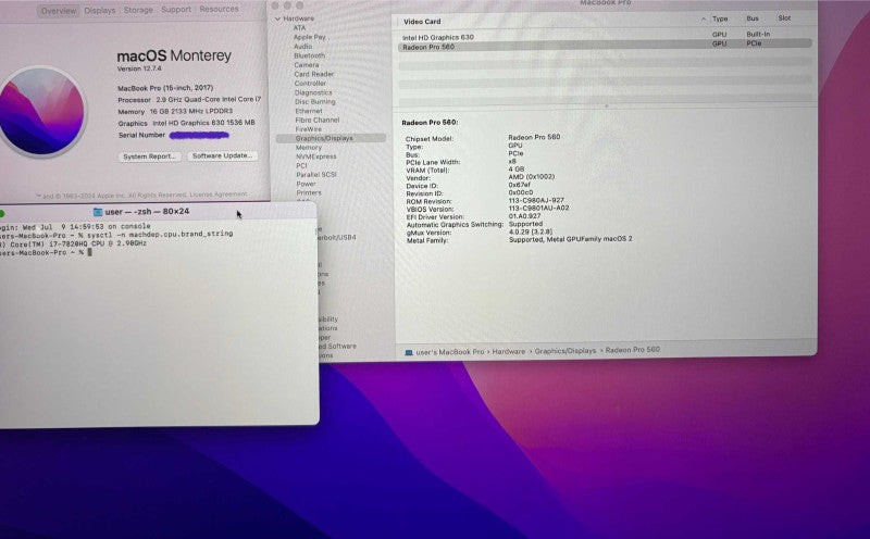 Apple MacBook Pro 15 2017 i7-7820HQ Radeon Pro 560 4GB 16GB RAM 512SSD READ