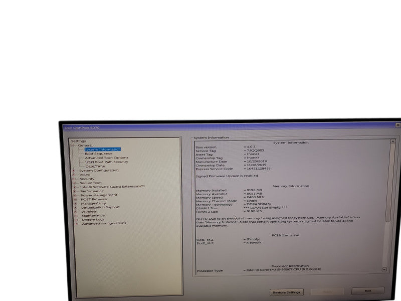 Dell OptiPlex 5070 USFF i5 - 9500T @ 2.20GHZ 8GB DDR4 Ram Qθ