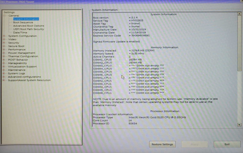 Dell 7820 Xeon Gold 5120 2.20GHz, 32GB DDR4, K2200, 480GB SSD + 8TB HDD _