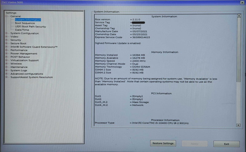 Dell Vostro 3681 SFF, i5-10400 2.90GHz, 16GB DDR4, 256GB NVMe