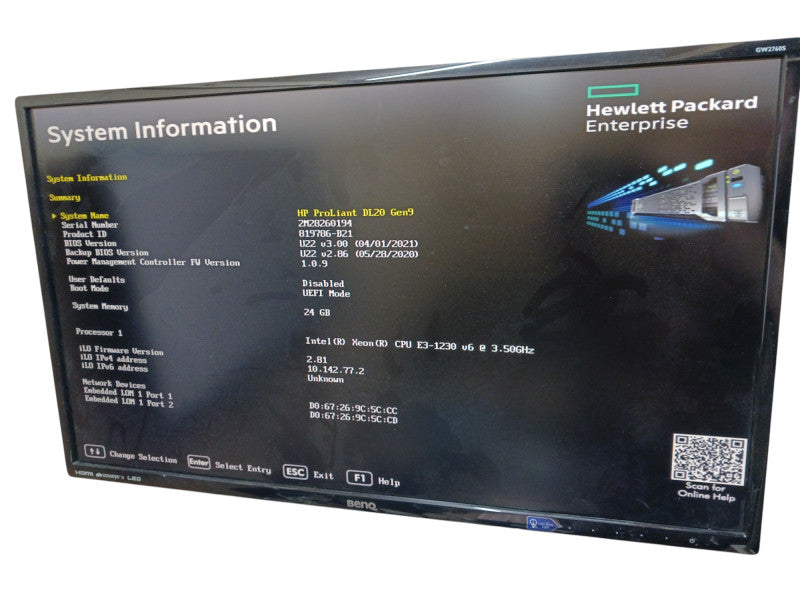 HPE Proliant DL20 Gen 9 Server Xeon E3-1230 V6 3.5GHz 24GB RAM NO HDD