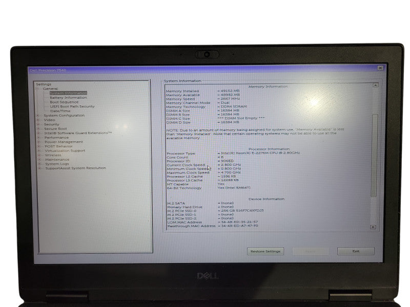 Dell Precision 7540 15.6" Xeon E-2276M 48GB DDR4 256GB SSD Quadro RTX3000 ! Lap200