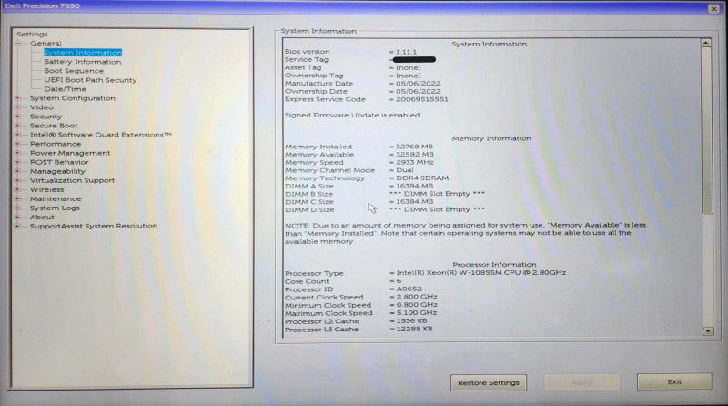 Dell Precision 7750, Xeon W-10855M 2.80GHz, 32GB DDR4, 256GB NVMe, RTX3000  Lap200