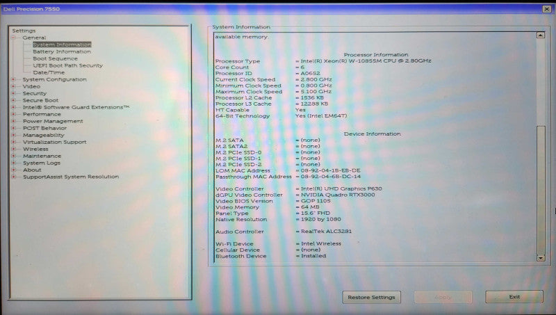 Dell Precision 7750, Xeon W-10855M 2.80GHz, 32GB DDR4, 256GB NVMe, RTX3000  Lap200