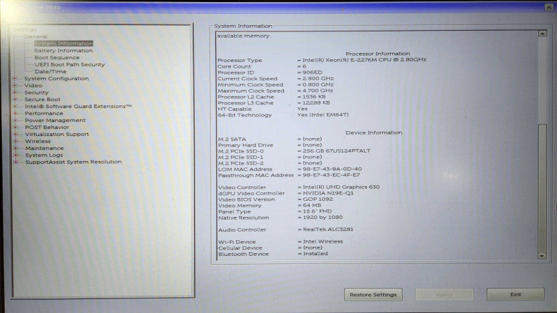 Dell Precision 7540, Xeon E-2276M, 32GB DDR4, 256GB NVMe, RTX3000, PWR  Lap200