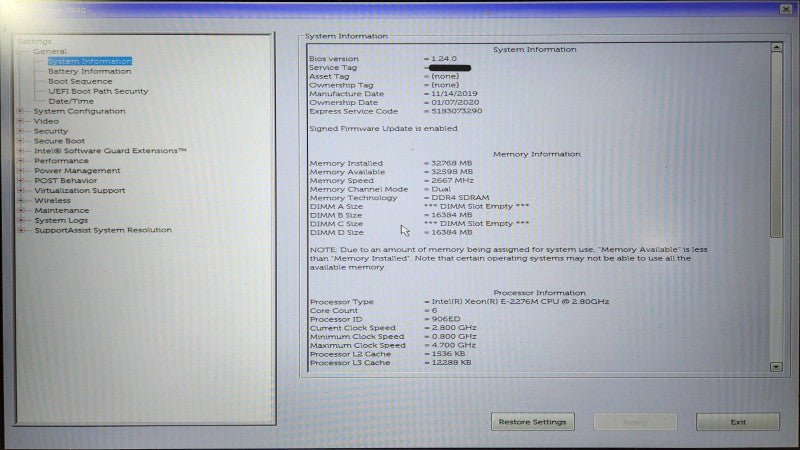 Dell Precision 7540, Xeon E-2276M, 32GB DDR4, 256GB NVMe, RTX3000, PWR  Lap200