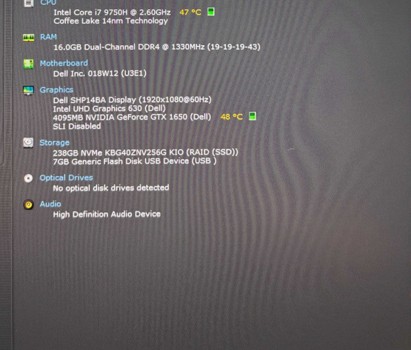 Dell XPS 15 7590 i7-9750H@2.6GHz GTX1650 4GB GPU 16GB RAM 256GB SSD Q Lap200