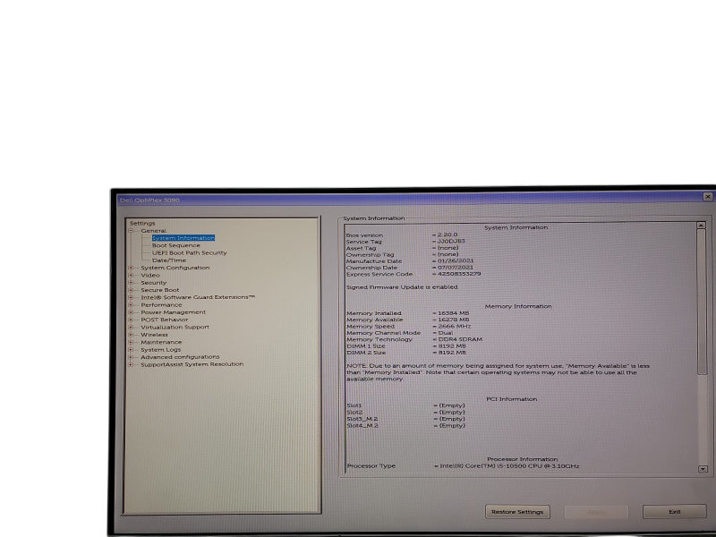 Dell OptiPlex 3080 SFF i5 - 10500 @ 3.10GHz 16GB DDR4 Ram θ