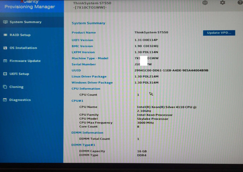 Lenovo ThinkSystem ST550 - Xeon Silver 4110 16GB DDR4 RAID 530-8i 1x PSU _