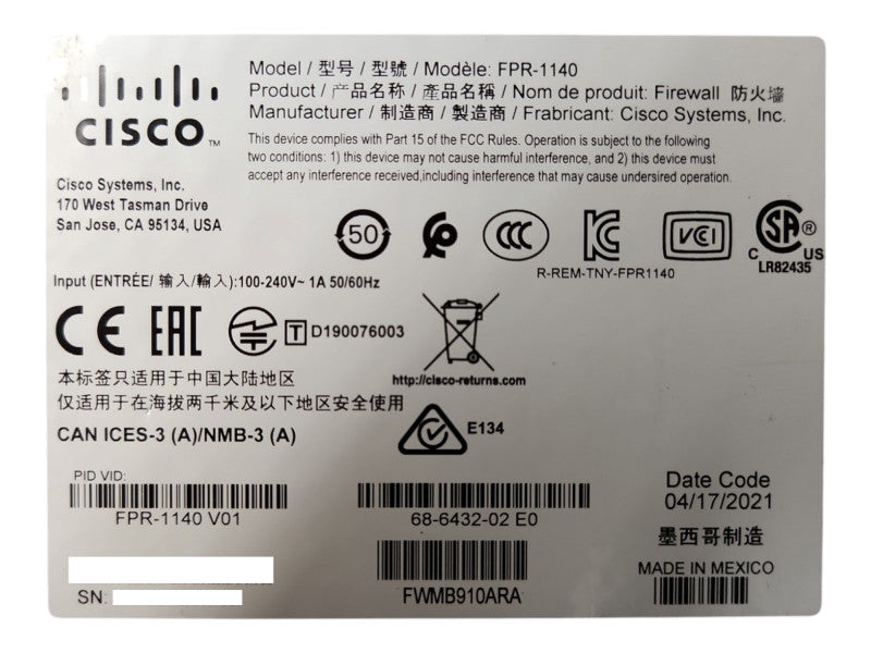 Cisco FirePower FPR-1140 V01 8-Port Gigabit 4x SFP Firewall w/ FPR1K-SSD200