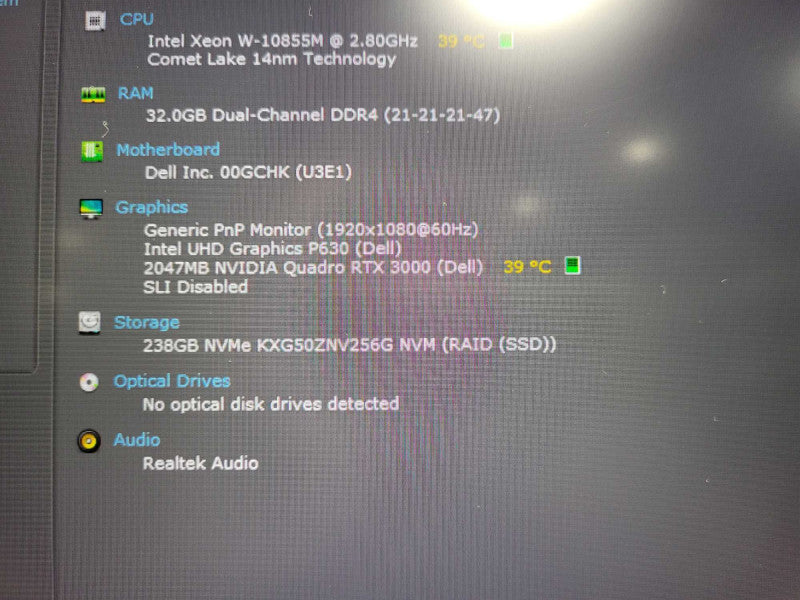 Dell Precision 7550, Xeon W-10855M 2.80GHz, 32GB DDR4, 256GB NVMe, RTX3000 $ Lap200