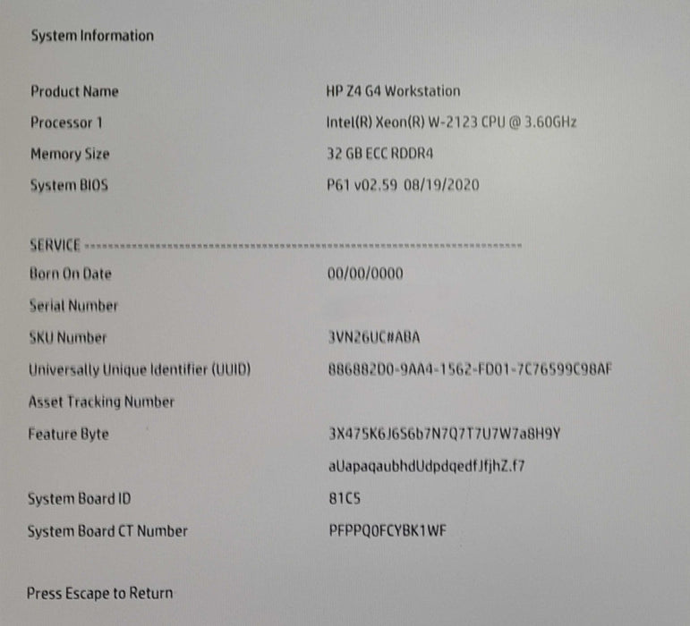HP Z4 G4 Workstation - Xeon W-2123 @ 3.60GHz, 32GB DDR4, NO HDD/GPU