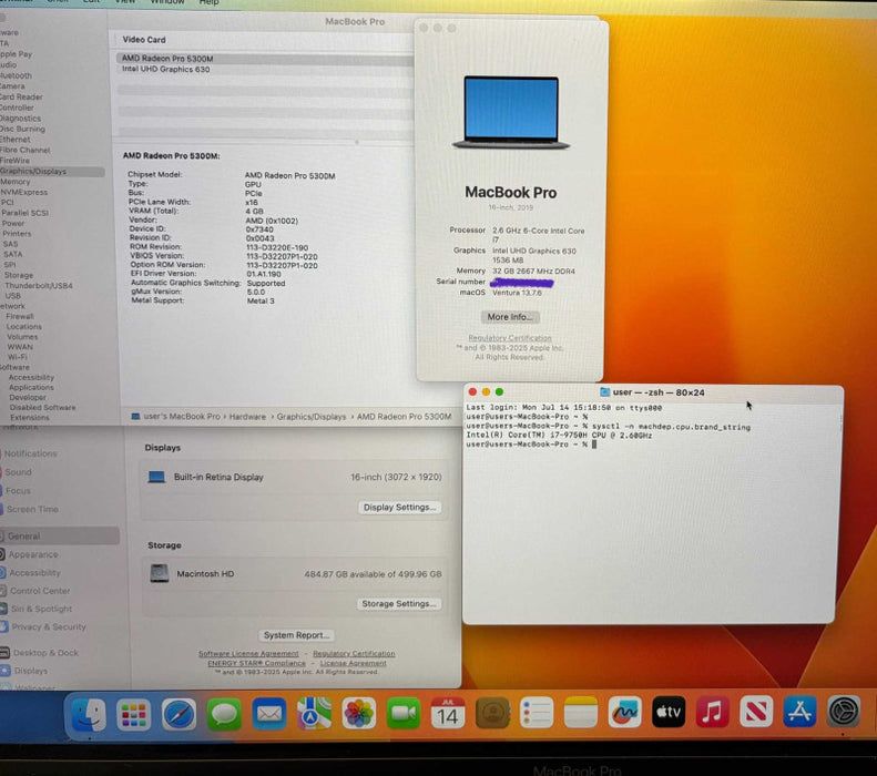 Apple MacBook Pro 16" 2019  i7 9750H Radeon Pro-5300M 32GB RAM 512SSD READ!