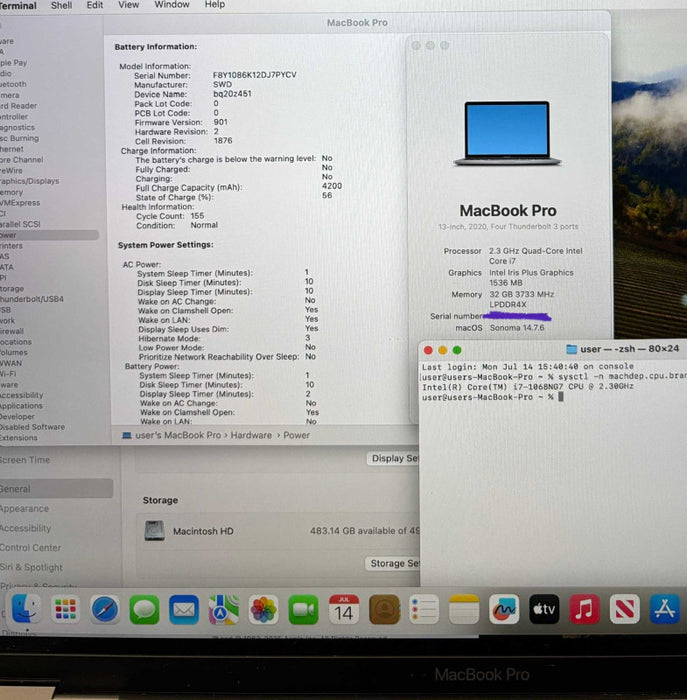 Apple MacBook Pro 13" 2020 i7-1068NG7@2.3GHz 32GB RAM 512GB SSD READ