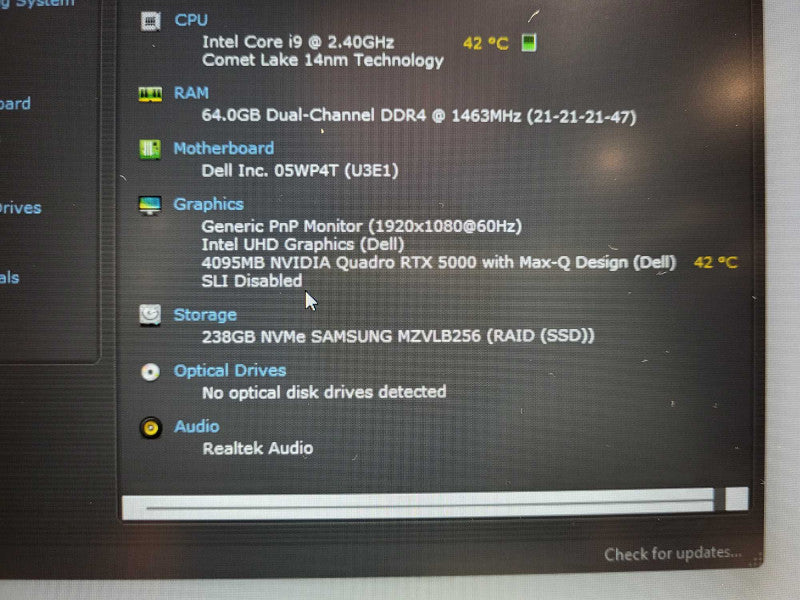 Dell Precision 7550 i9-10885H @ 2.4GHz 64GB DDR4 256GB SSD RTX5000 $ Lap200
