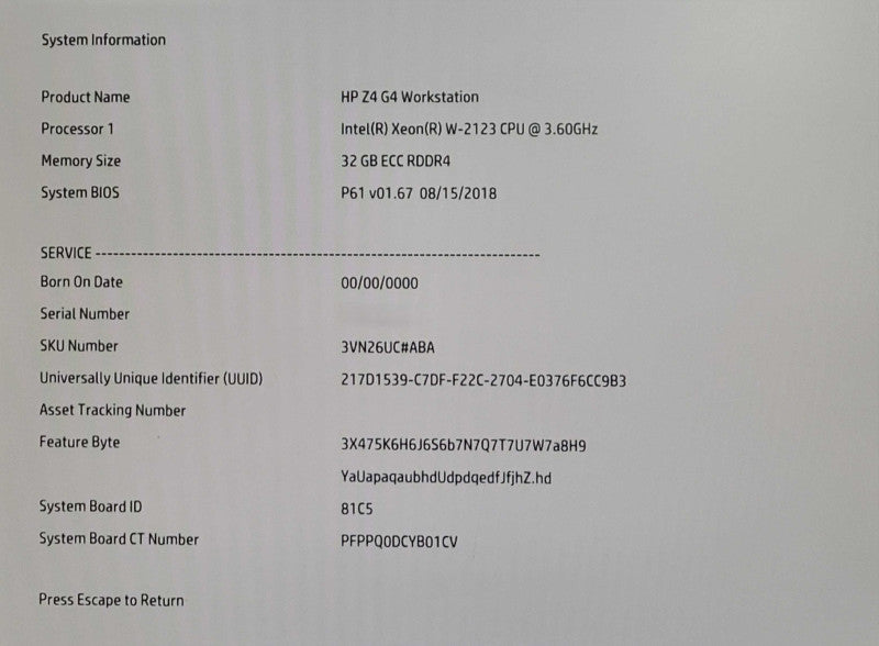 HP Z4 G4 Workstation - Xeon W-2123 @ 3.5GHz, 32GB DDR4 ECC, NO HDD/GPU